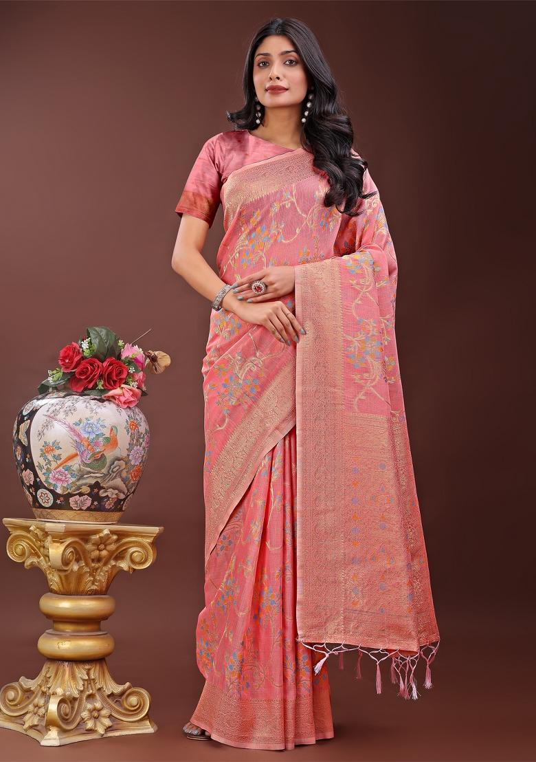 Peach Zari Work Cotton Blend Saree Set