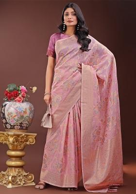 Light Pink Zari Work Cotton Blend Saree Set