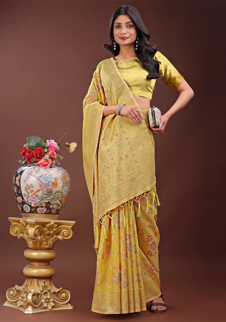 Yellow Zari Work Cotton Blend Saree Set - Indya
