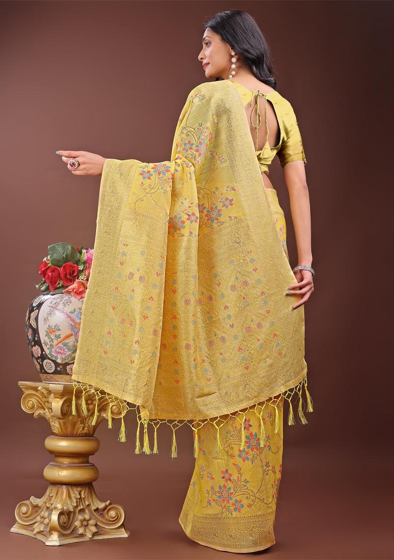 Yellow Zari Work Cotton Blend Saree Set