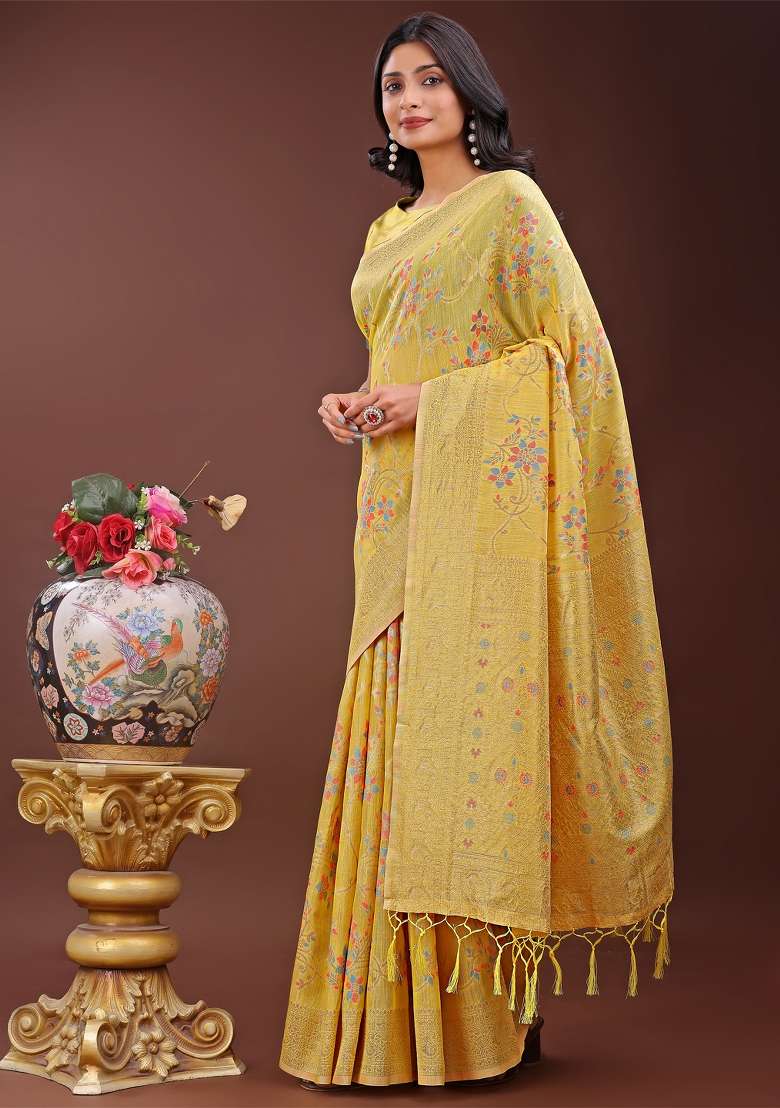 Yellow Zari Work Cotton Blend Saree Set - Indya