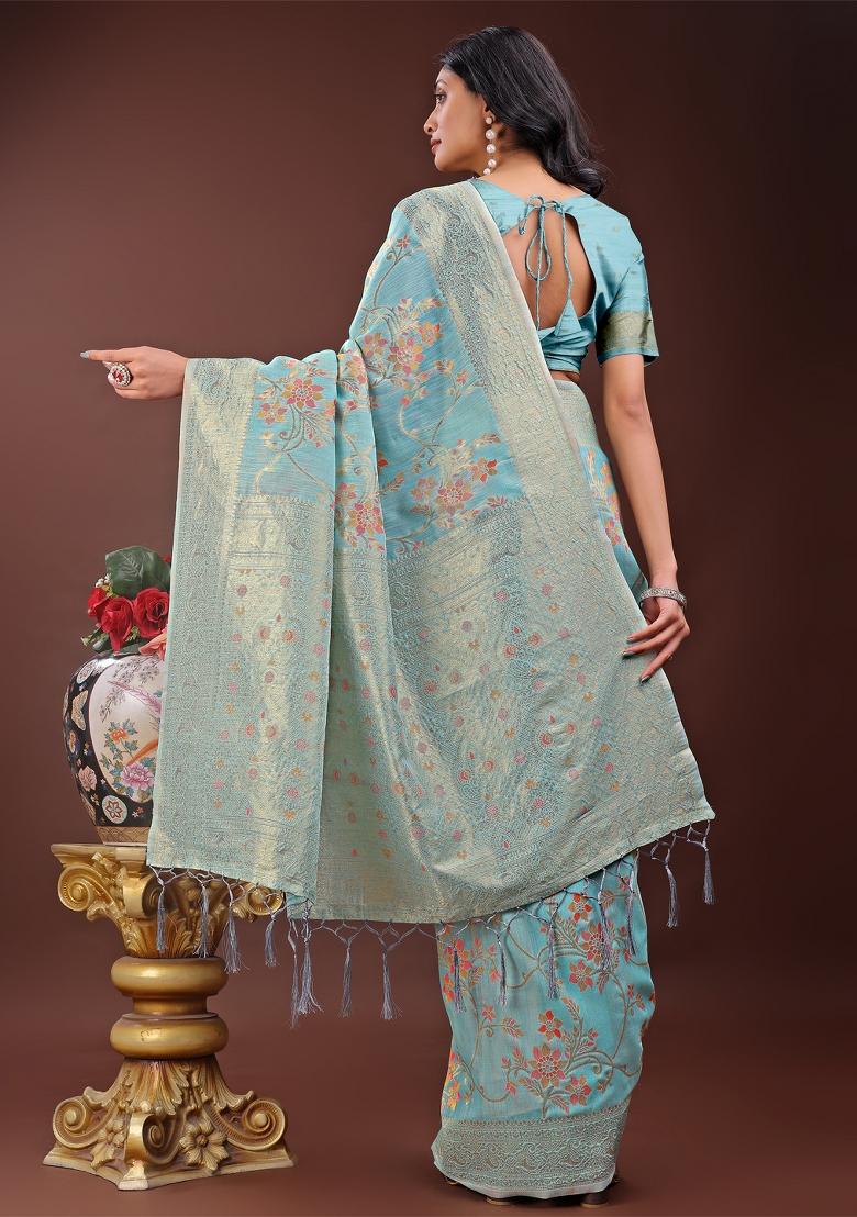 Light Blue Zari Work Cotton Blend Saree Set
