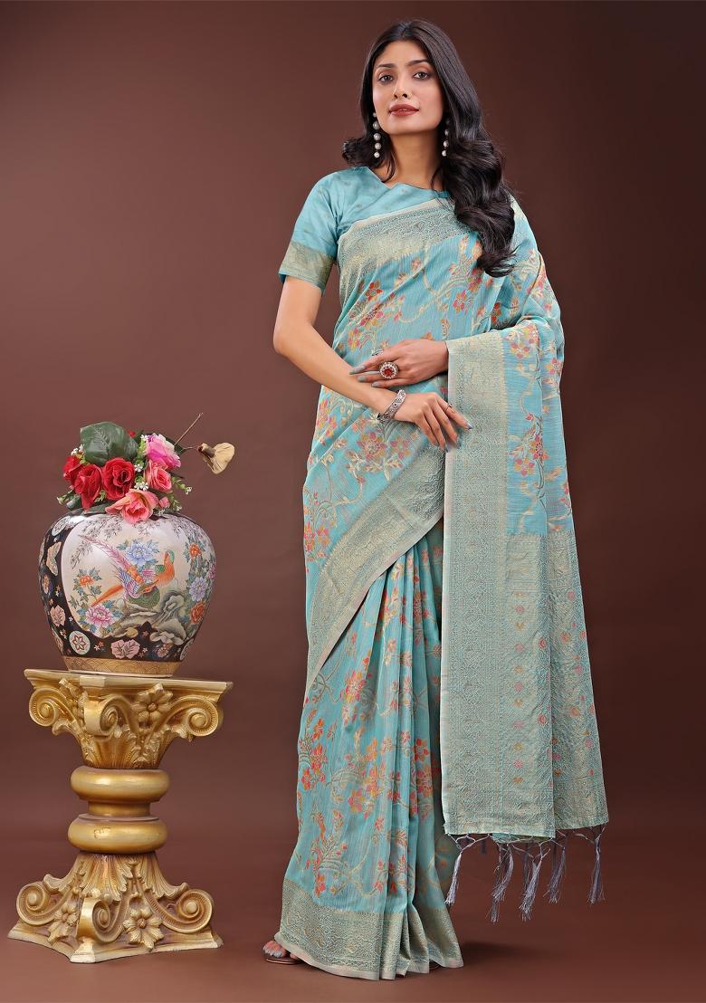 Light Blue Zari Work Cotton Blend Saree Set