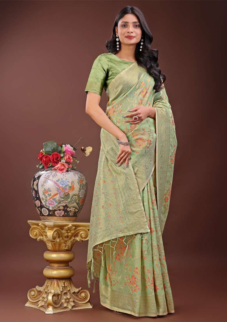 Light Green Zari Work Cotton Blend Saree Set - Indya