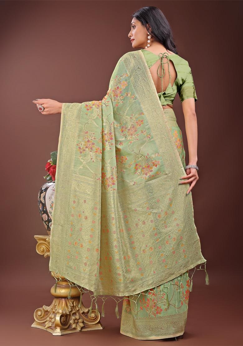 Light Green Zari Work Cotton Blend Saree Set