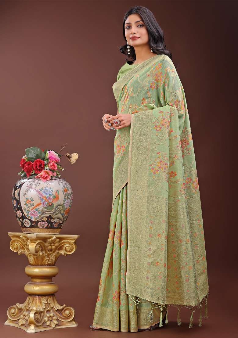 Light Green Zari Work Cotton Blend Saree Set - Indya