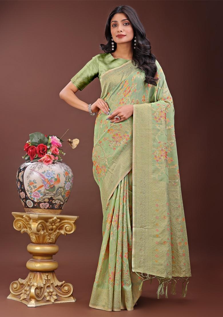 Light Green Zari Work Cotton Blend Saree Set