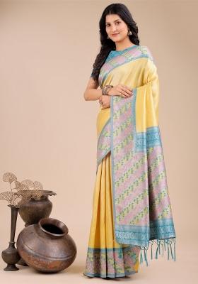 Yellow Zari Work Silk Saree Set