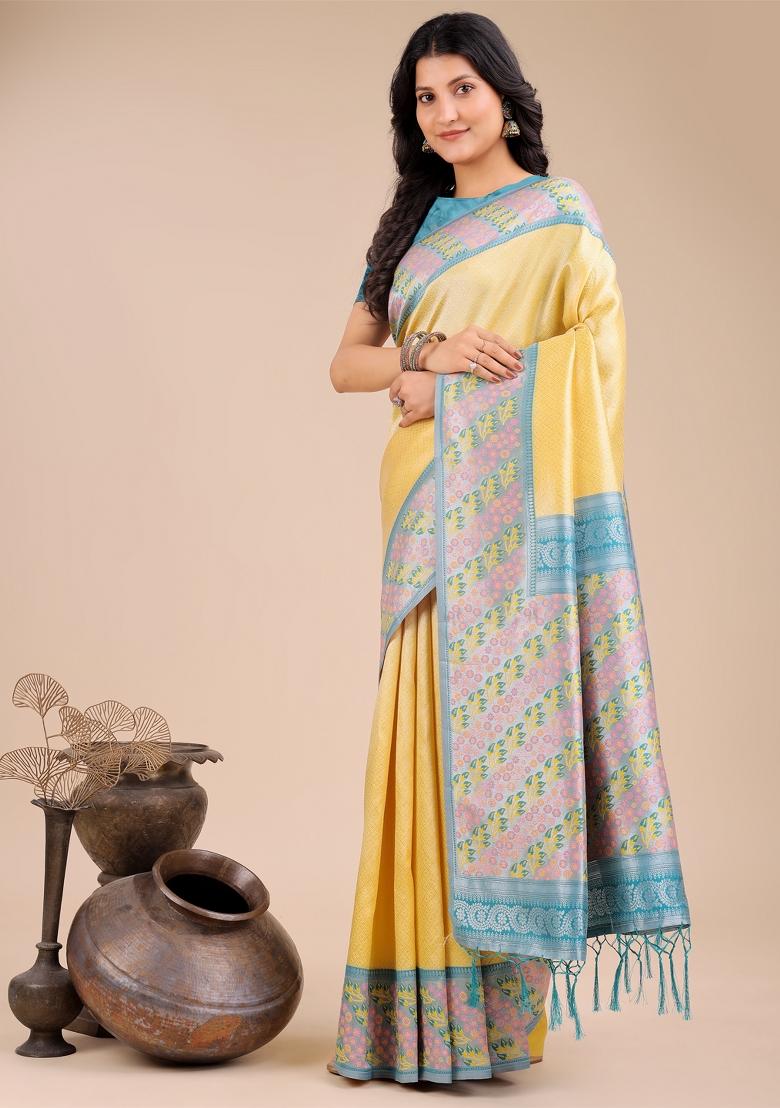 Yellow Zari Work Silk Saree Set