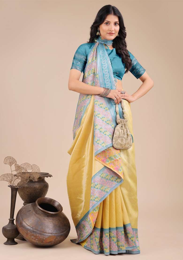Yellow Zari Work Silk Saree Set - Indya