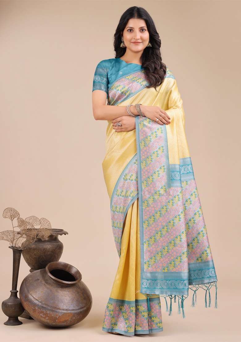 Yellow Zari Work Silk Saree Set - Indya