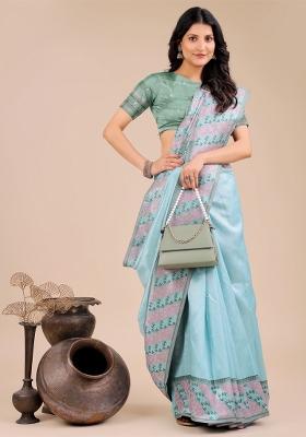 Teal Blue Zari Work Silk Saree Set