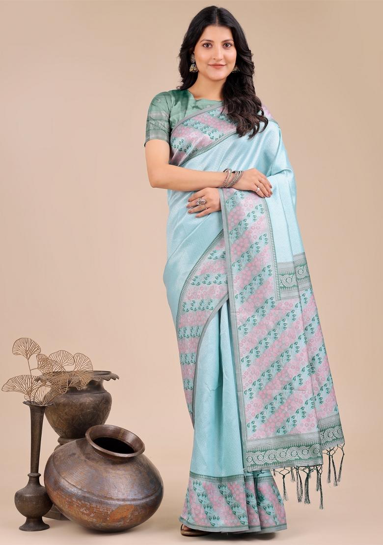 Teal Blue Zari Work Silk Saree Set