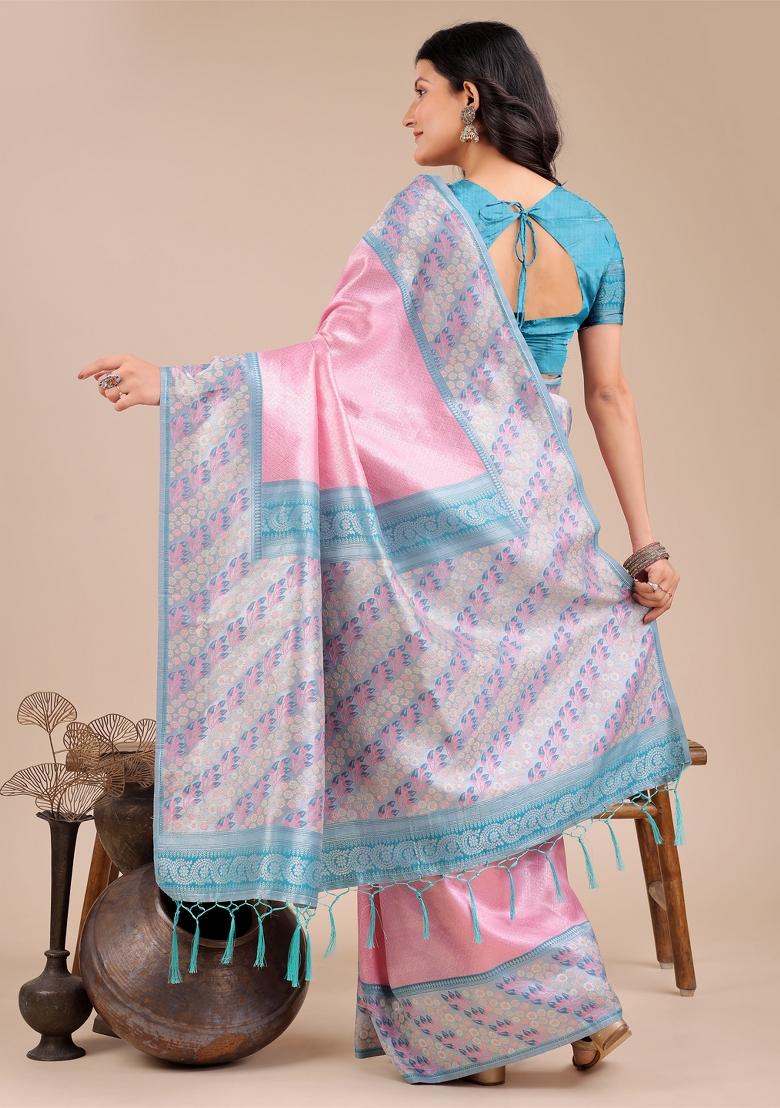 Light Pink Zari Work Silk Saree Set