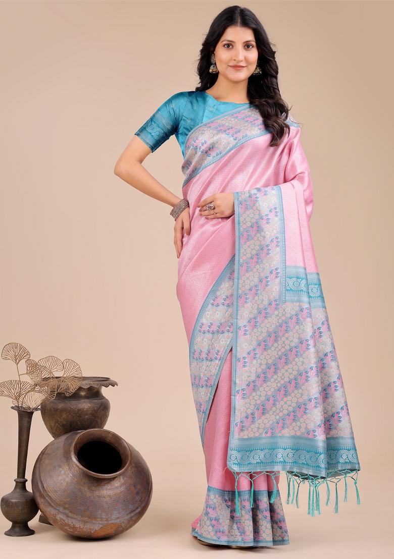 Light Pink Zari Work Silk Saree Set