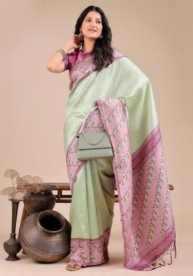 Light Green Zari Work Silk Saree Set