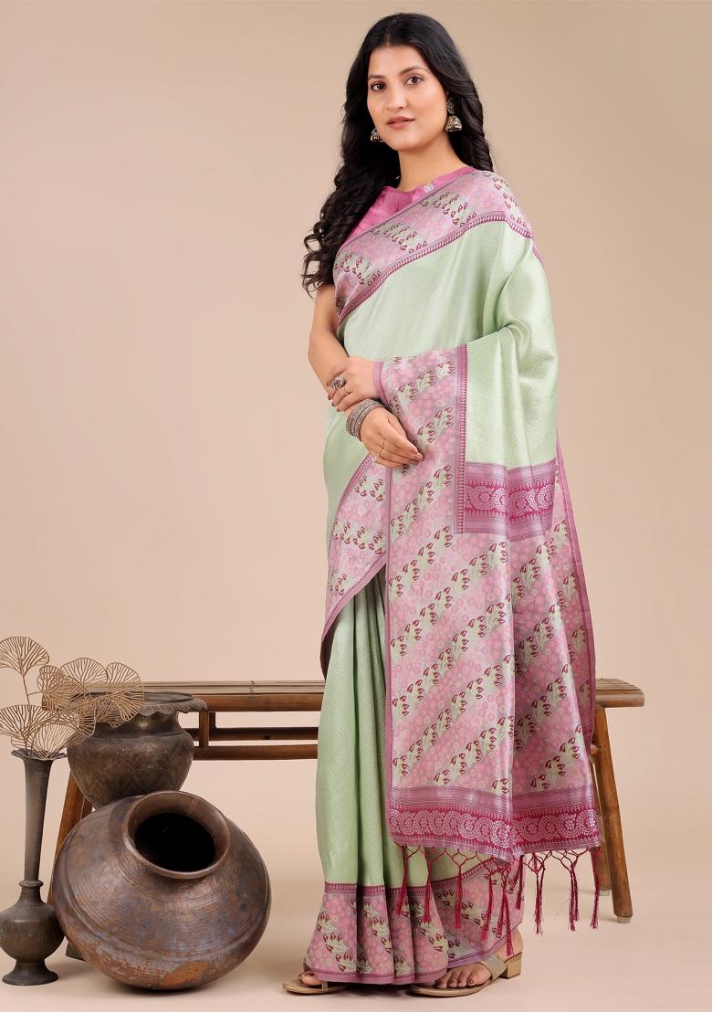 Light Green Zari Work Silk Saree Set