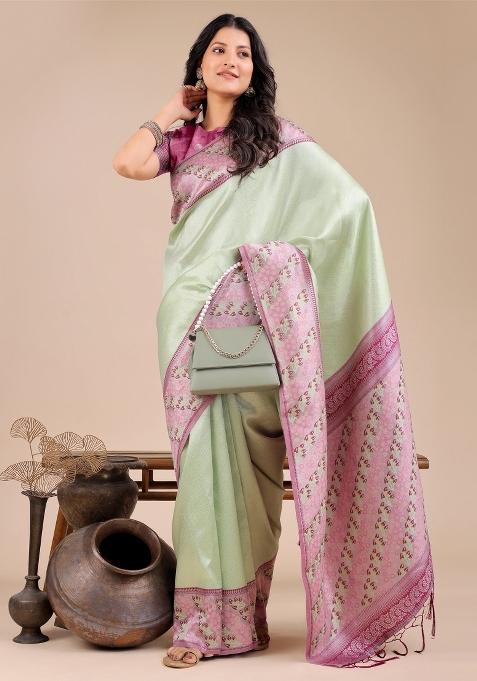 Light Green Zari Work Silk Saree Set
