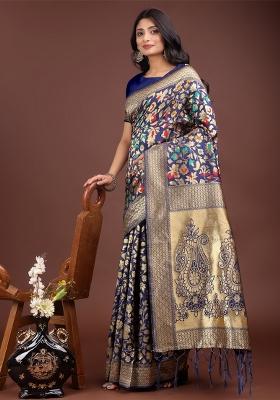 Navy Blue Zari Work Silk Saree Set