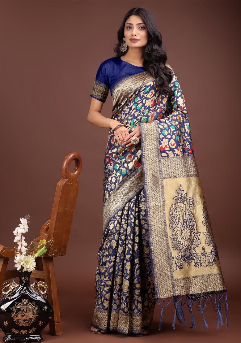 Navy Blue Zari Work Silk Saree Set