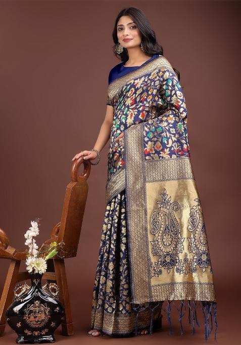 Navy Blue Zari Work Silk Saree Set