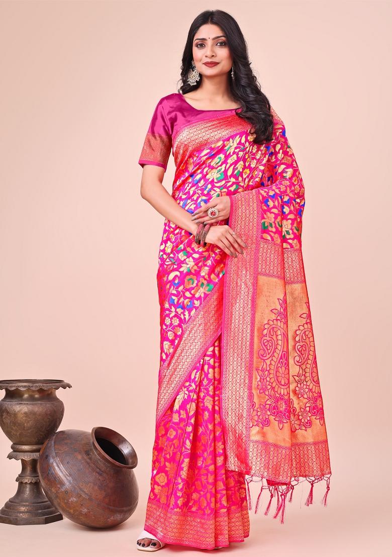 Pink Zari Work Silk Saree Set