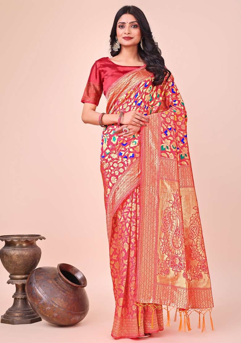 Maroon Zari Work Silk Saree Set - Indya