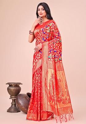 Red Zari Work Silk Saree Set