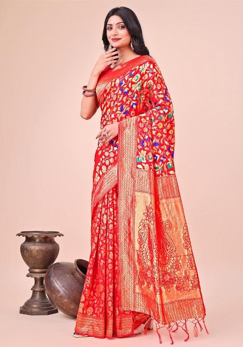 Red Zari Work Silk Saree Set