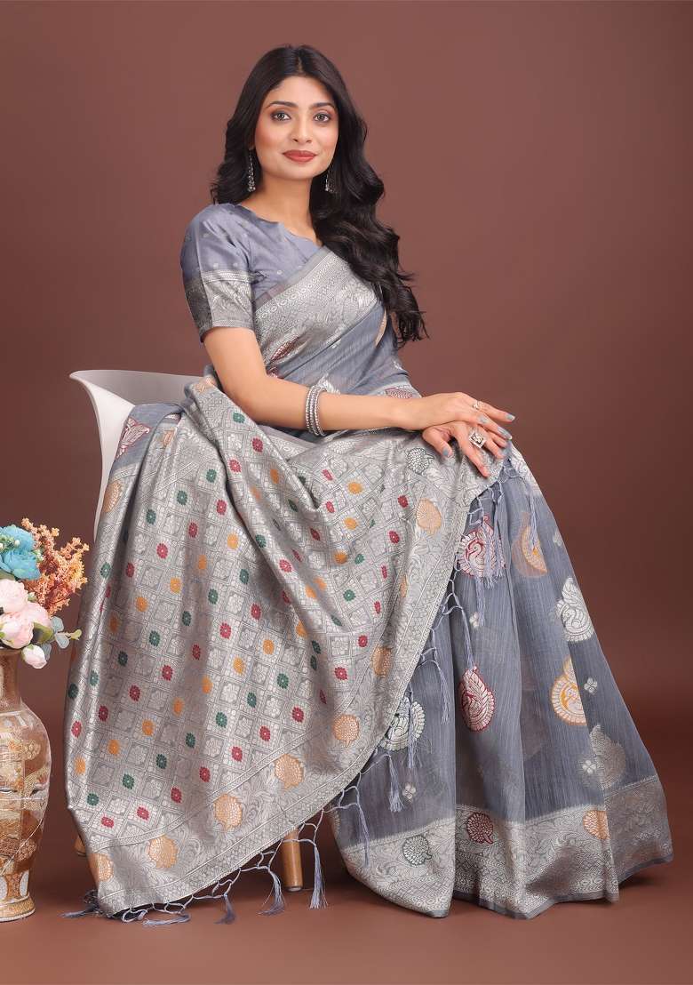 Grey Zari Work Cotton Blend Saree Set - Indya
