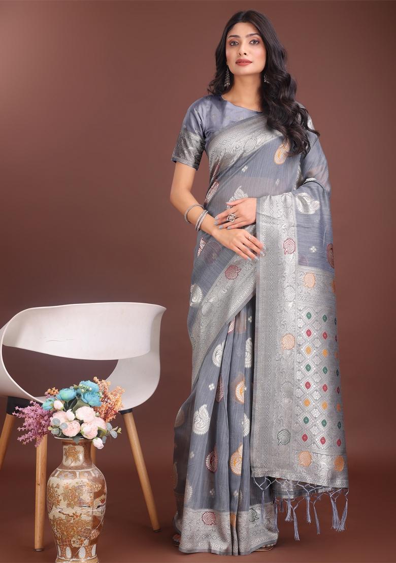 Grey Zari Work Cotton Blend Saree Set