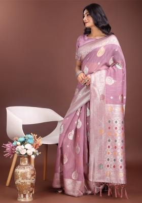 Purple Zari Work Cotton Blend Saree Set