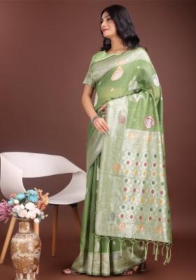 Light Green Zari Work Cotton Blend Saree Set