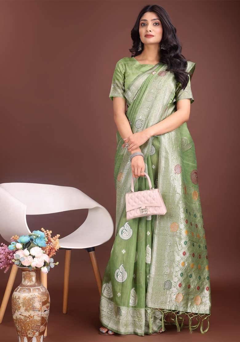 Light Green Zari Work Cotton Blend Saree Set - Indya