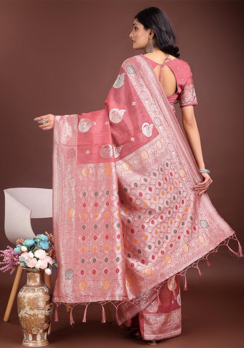 Pink Zari Work Cotton Blend Saree Set