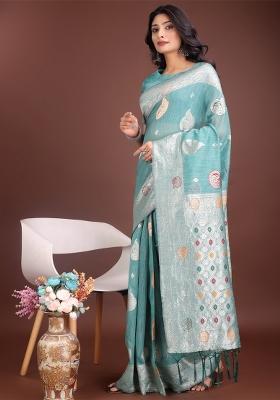 Sea Green Zari Work Cotton Blend Saree Set