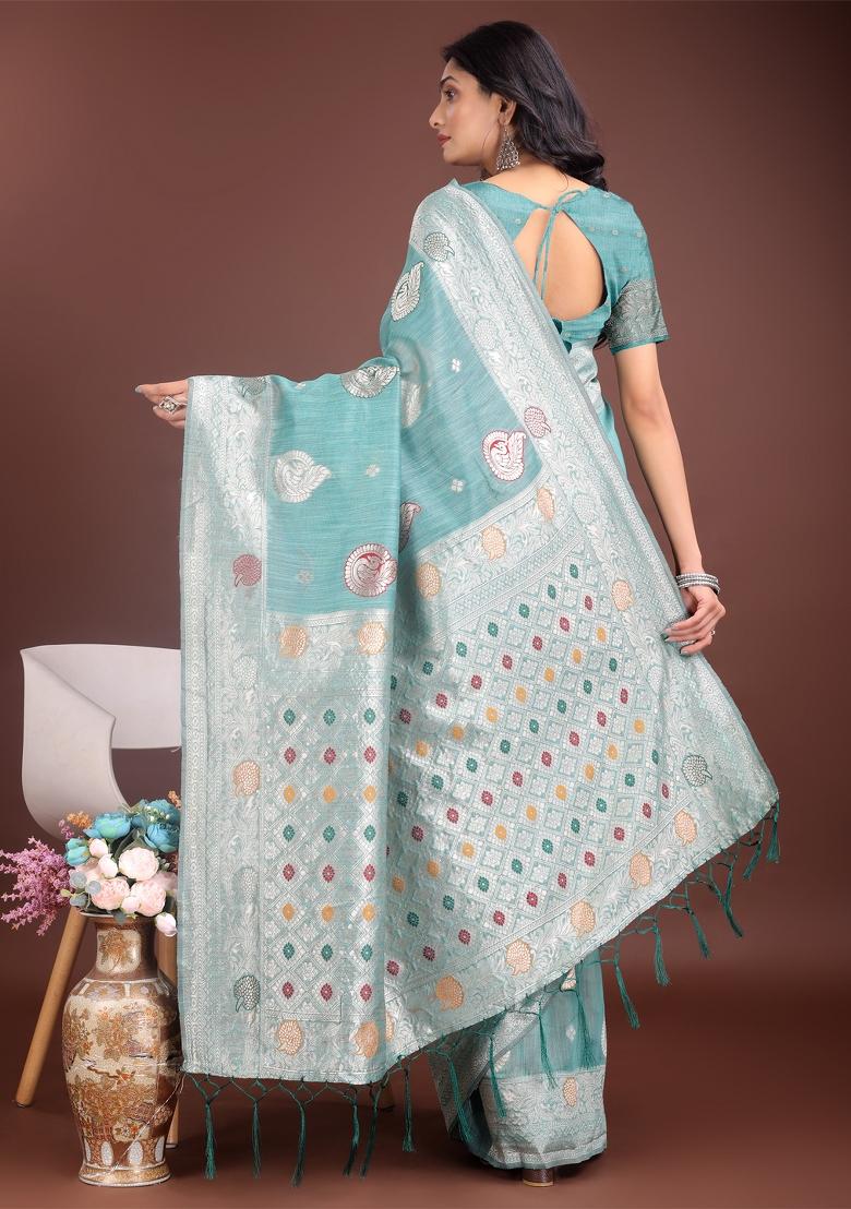 Sea Green Zari Work Cotton Blend Saree Set