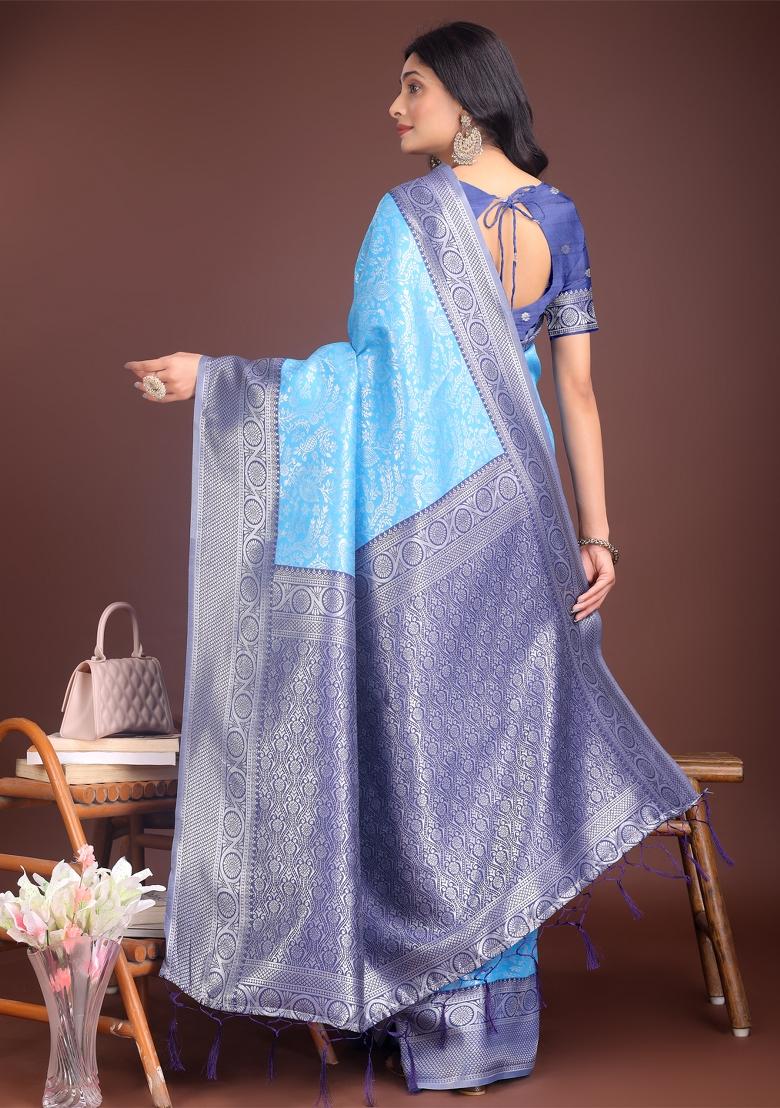 Sky Blue Zari Work Silk Saree Set