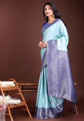 Teal Blue Zari Work Silk Saree Set