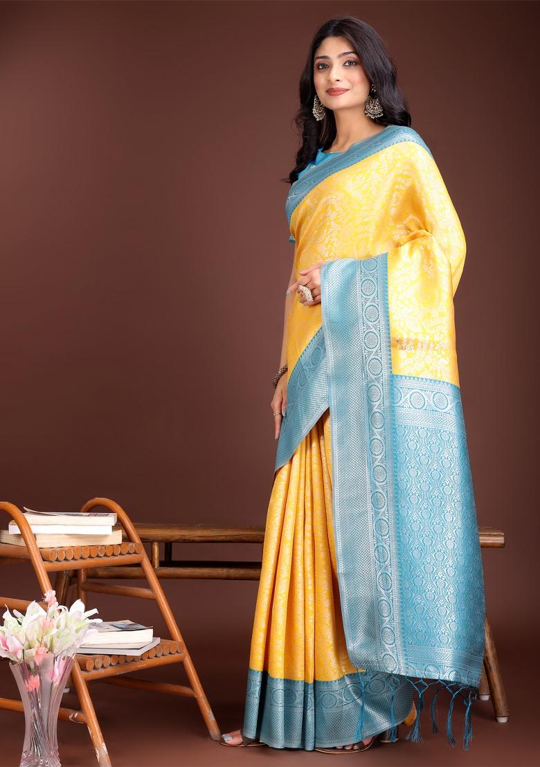 Yellow Zari Work Silk Saree Set
