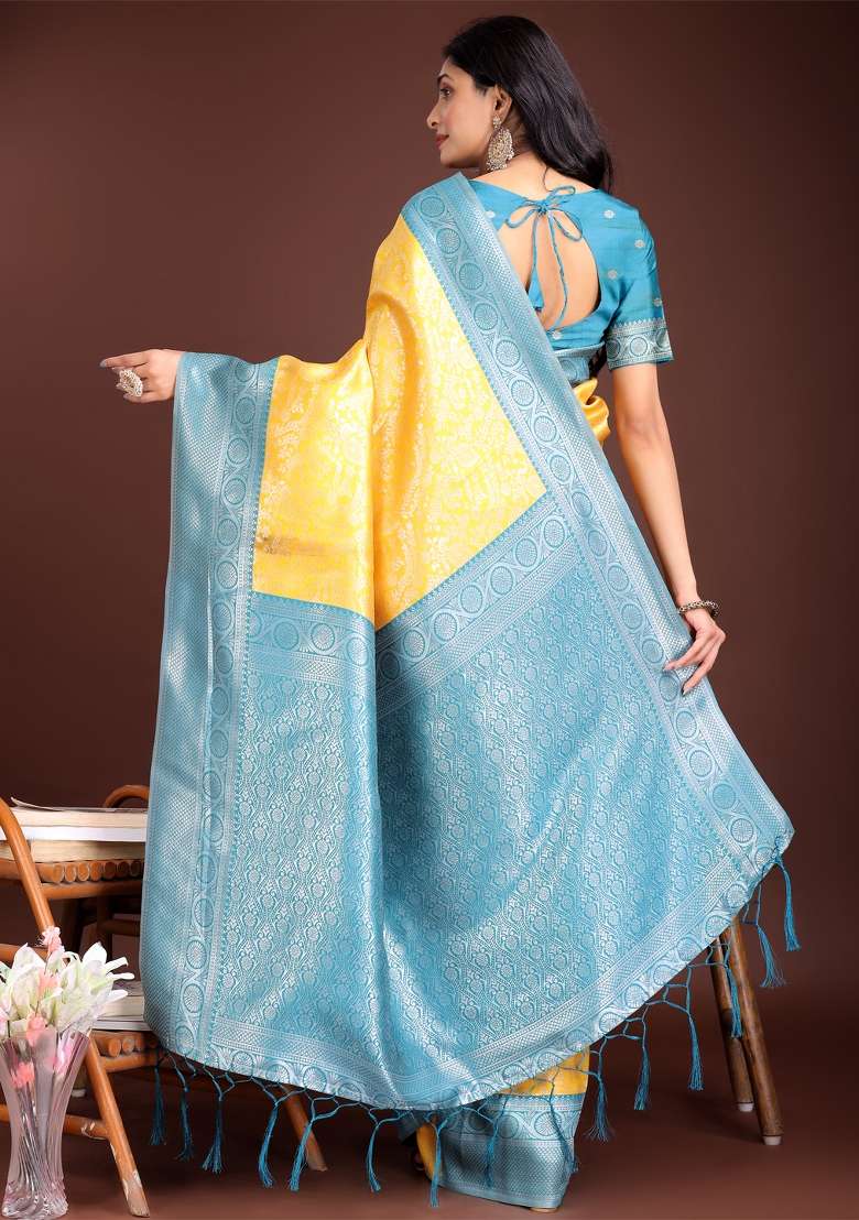 Yellow Zari Work Silk Saree Set - Indya