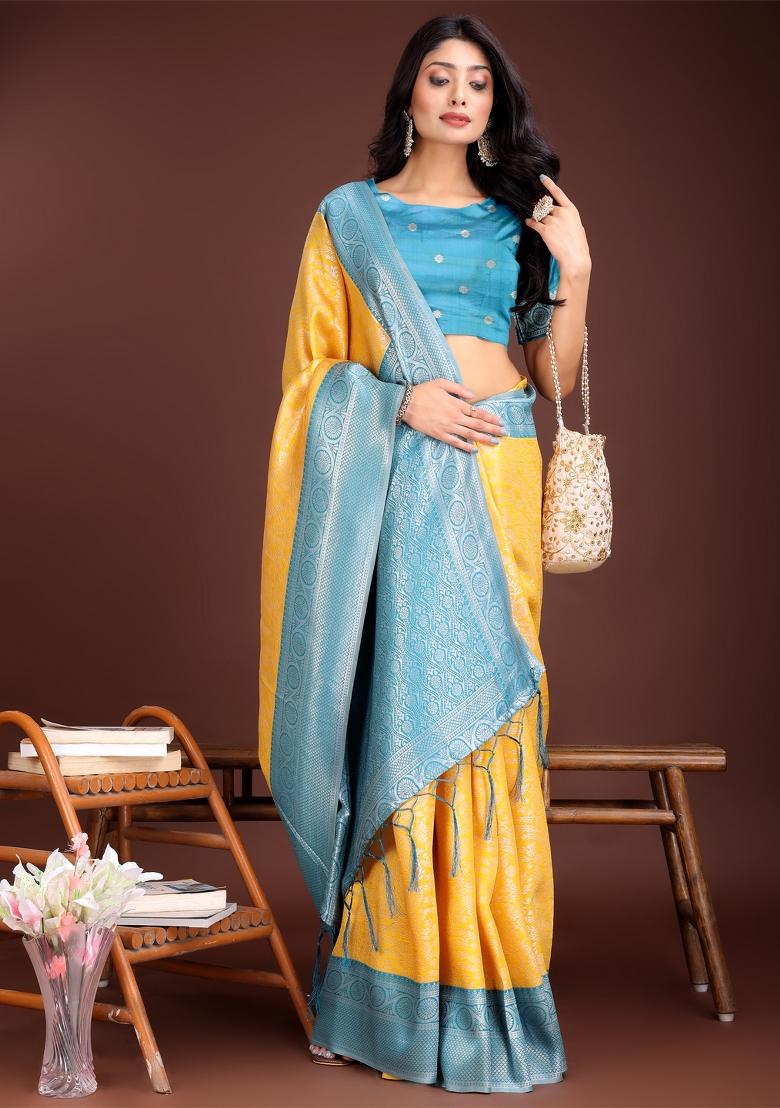 Yellow Zari Work Silk Saree Set