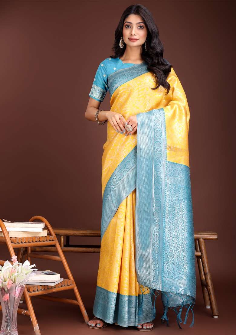 Yellow Zari Work Silk Saree Set - Indya