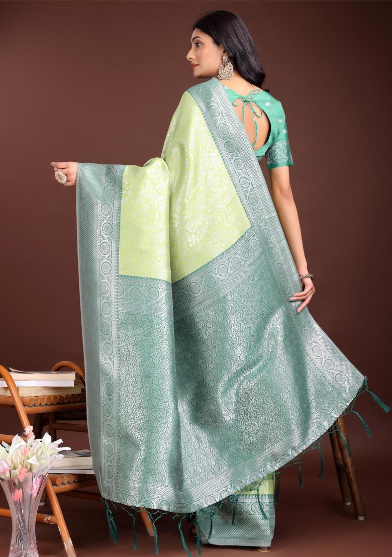 Light Green Zari Work Silk Saree Set