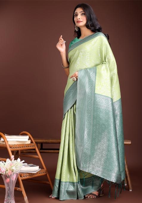 Light Green Zari Work Silk Saree Set