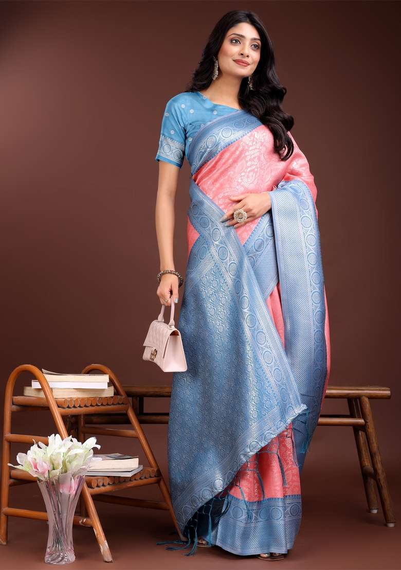 Peach Zari Work Silk Saree Set - Indya