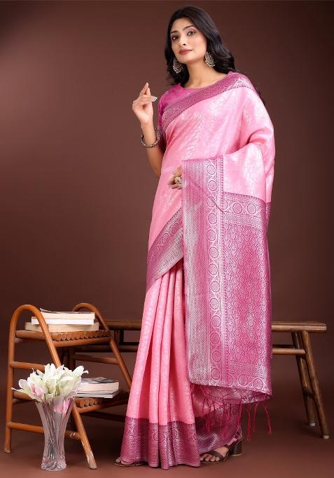 Light Pink Zari Work Silk Saree Set