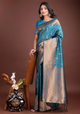 Sea Green Zari Work Banarasi Silk Saree Set