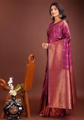 Purple Zari Work Banarasi Silk Saree Set