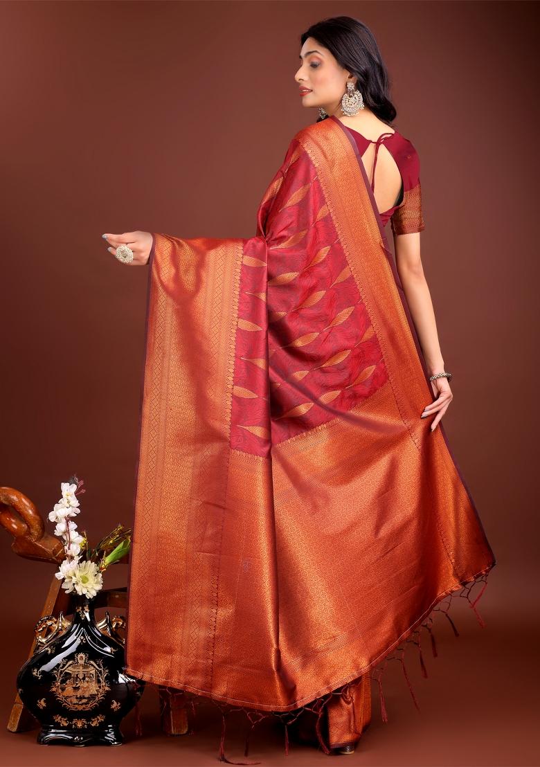 Maroon Zari Work Banarasi Silk Saree Set